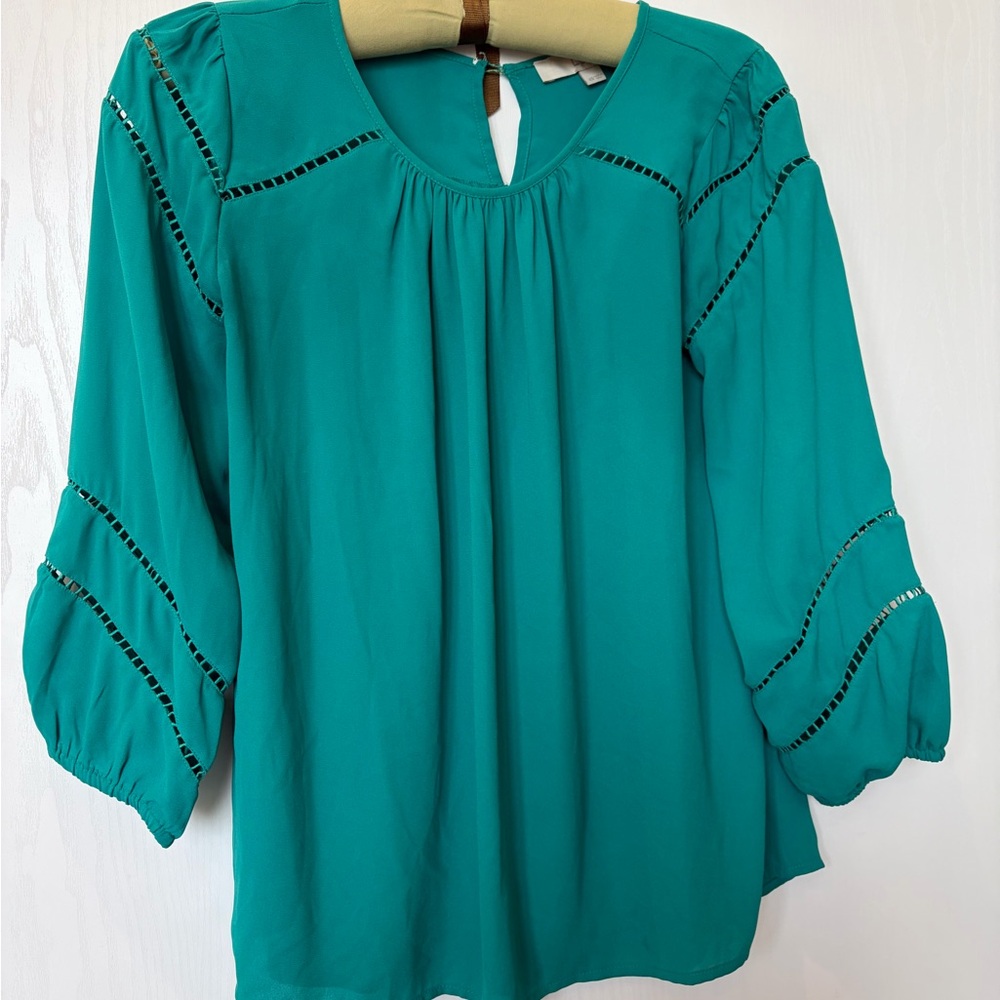 LOFT Teal Eyelet-Trim Peasant Blouse